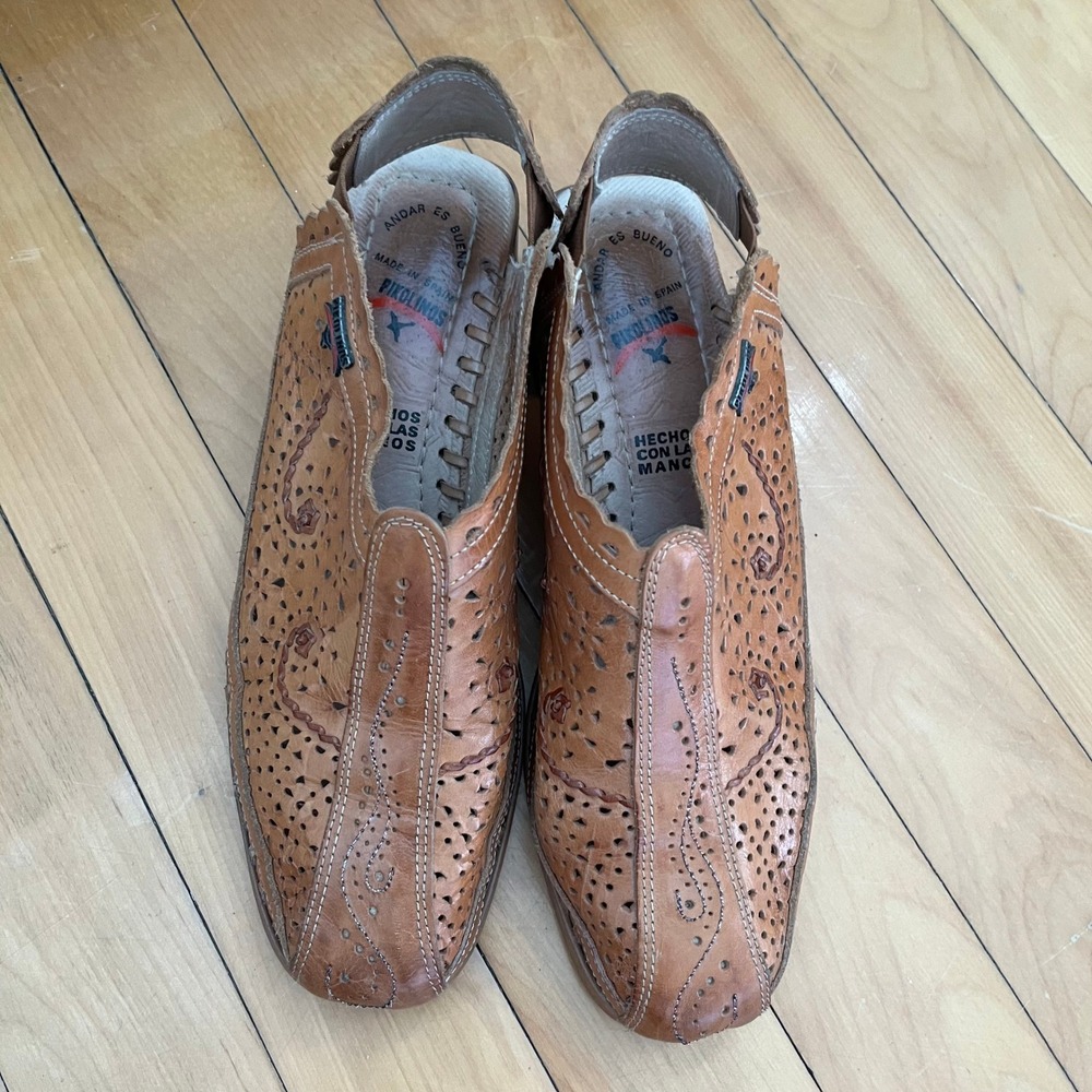 Pikolinos Tan Leather Laser Cut Perforated Slingback Block Heel Sandals Spain 39 - Picture 2 of 7